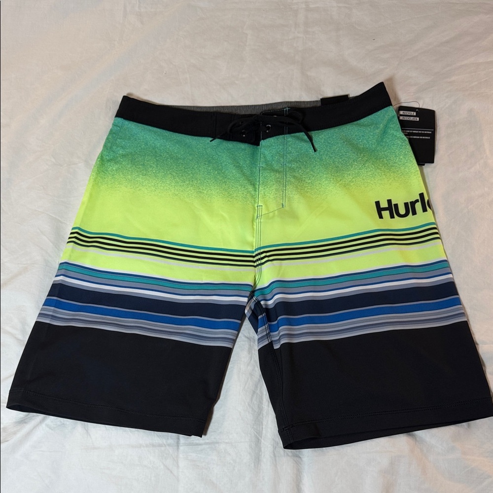 Hurley Men's Striped Swim Shorts - Green and Blue